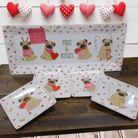 4pc ISAAC MIZRAHI pug dog MELAMINE appetizer / dessert PLATE SET valentines new - Picture 8 of 8